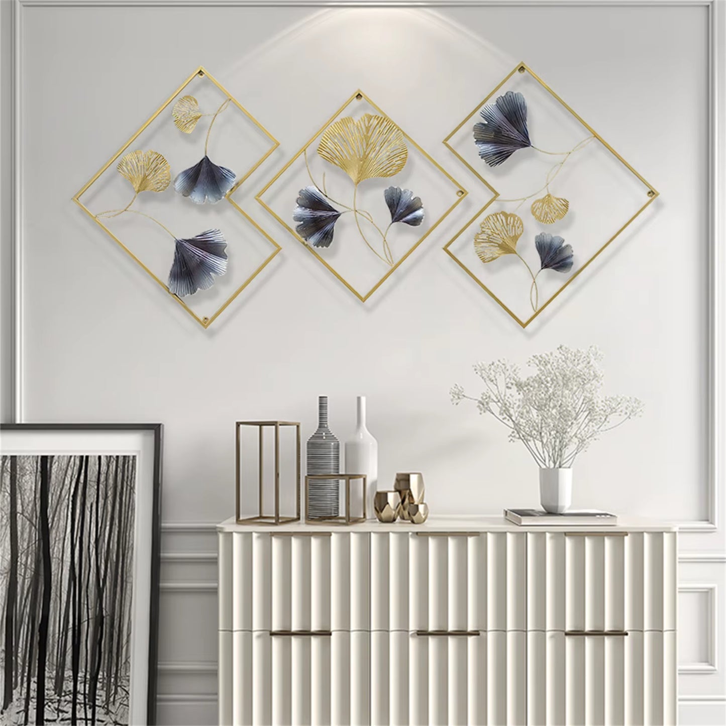 3 Pack Ginkgo Wall Decoration 3D Metal Wall Decor Leaf Wall Background for Living Room Home Office