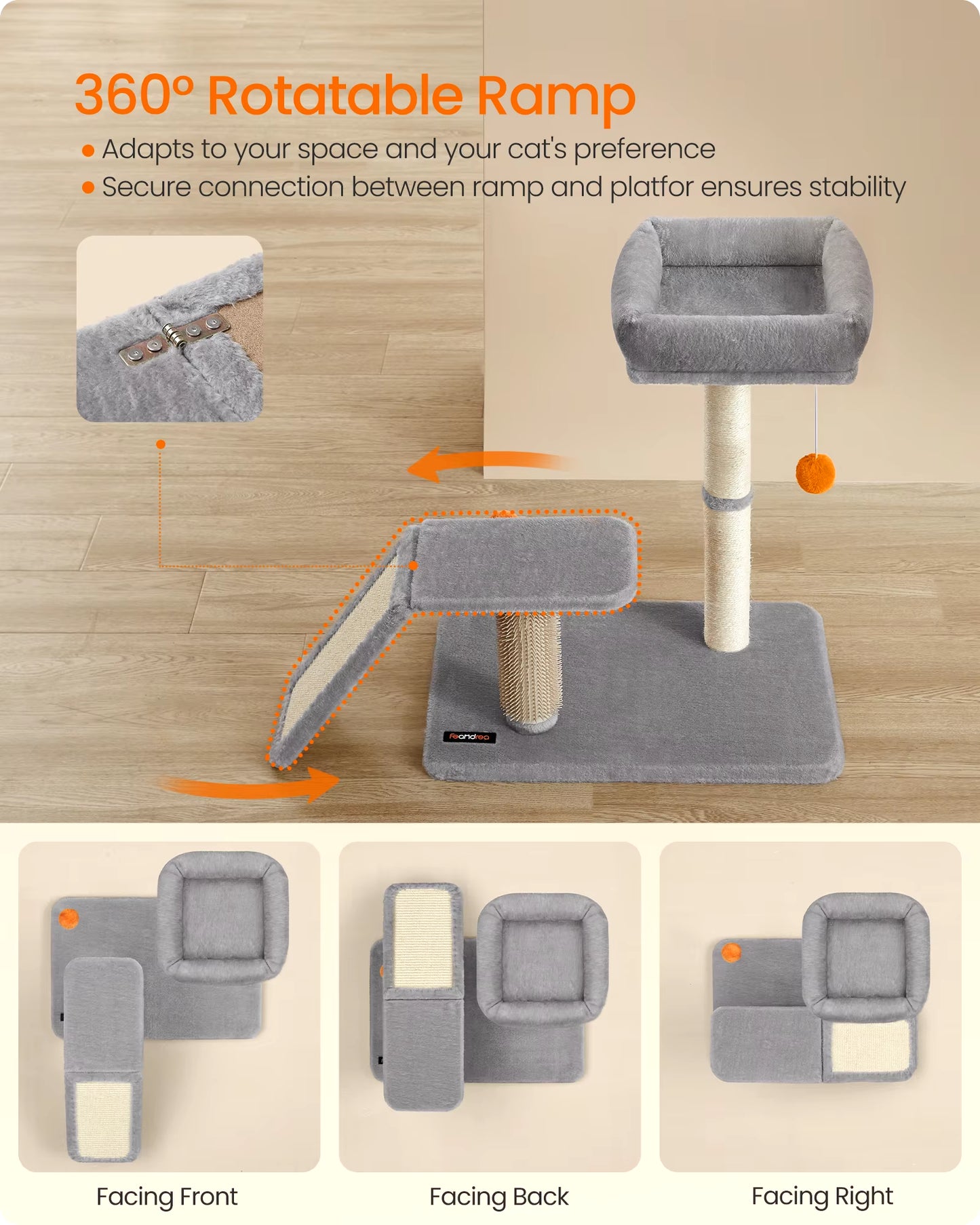 Multifunctional Cat Scratching Post with Integrated Bed, Rotatable Scratching Ramp, Perch, and Self-Groomer