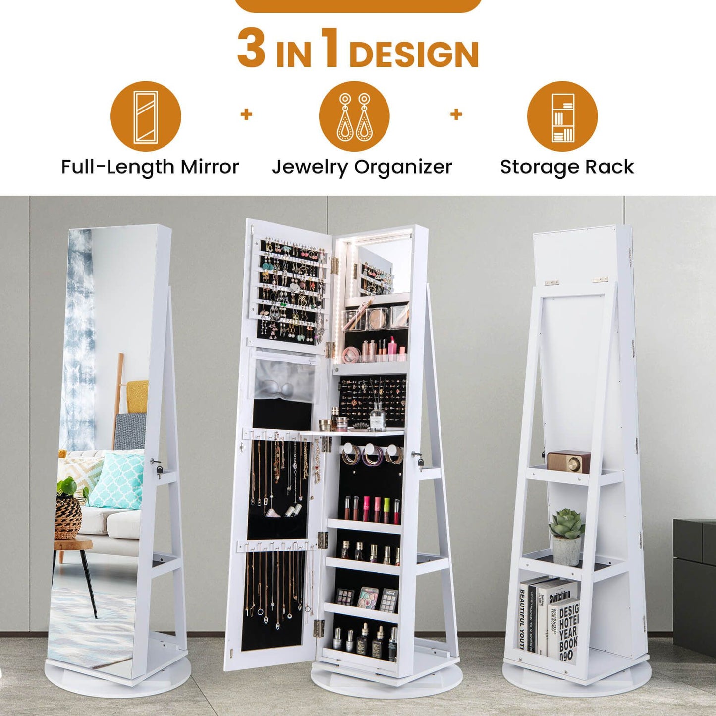 360-Degree Mirrored Jewelry Armoire with 3-Color Auto-On LED Lights
