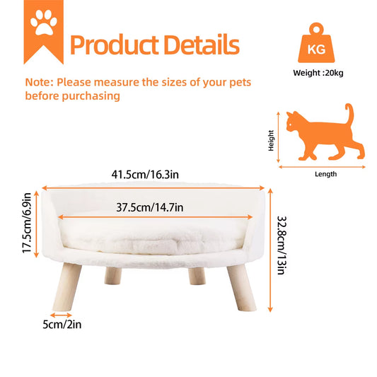 Luxurious Plush Cat Bed with Stylish Wooden Legs & Easy-Clean Waterproof Cushion for Small Pets