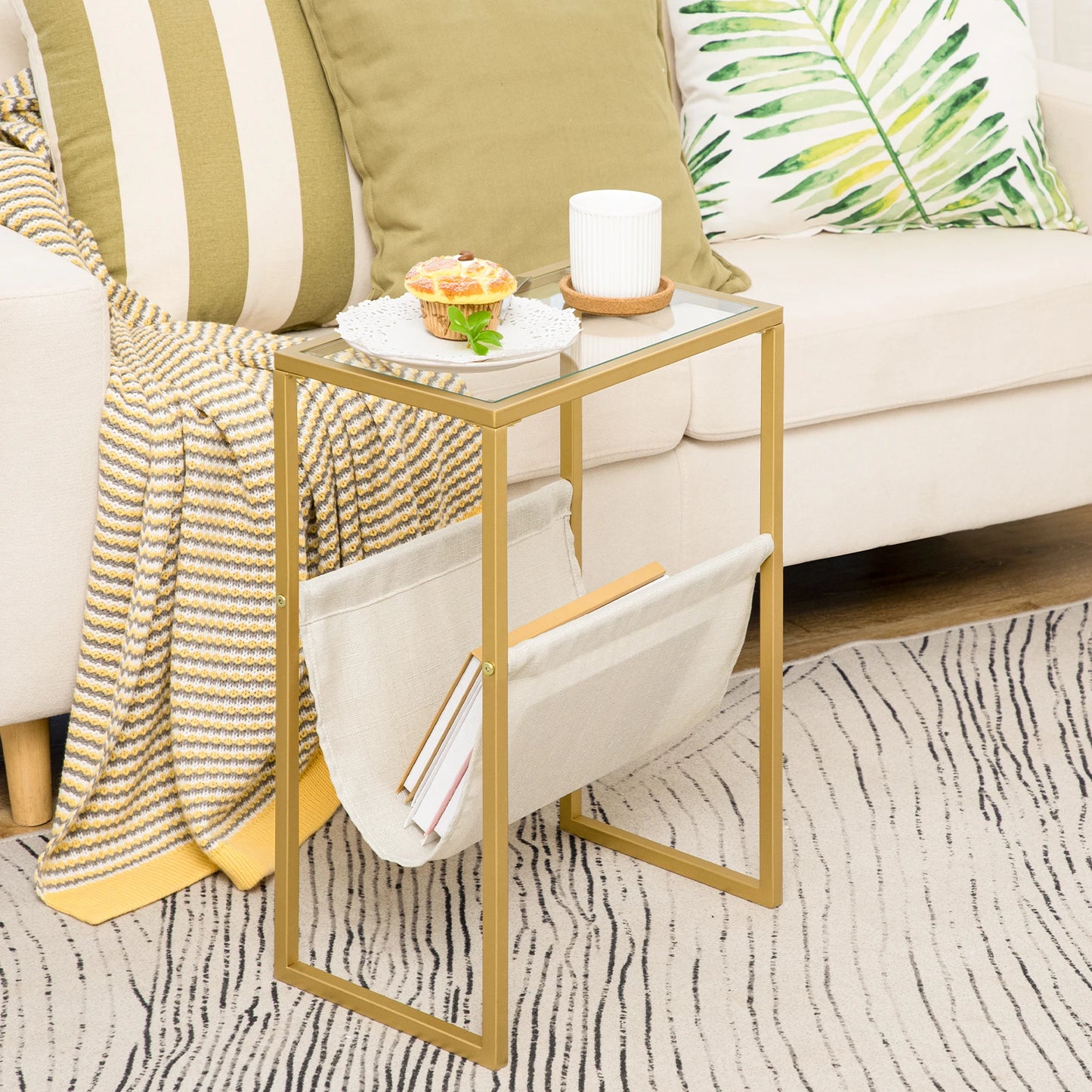 Narrow Side Table Tempered Glass End Table with Fabric Magazine Sling Small Coffee Accent Table Bedside Table Living Room