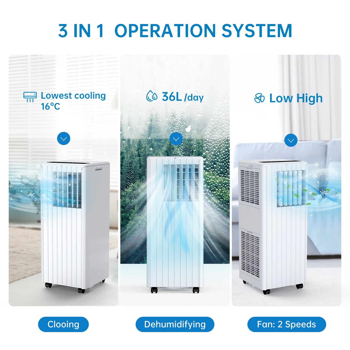 Air Conditioners 7000BTU 3 In1 Portable Air Conditioner Dehumidifier 42L/Day Cooler Fan with 2 Speeds Digital Display & Remote C