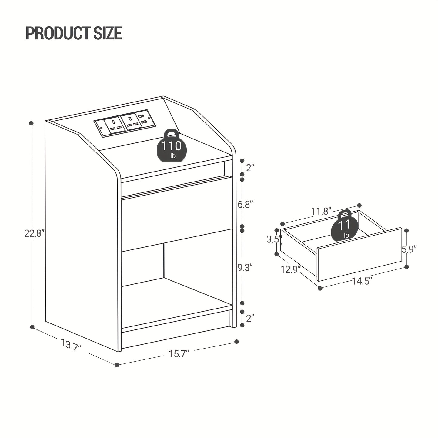 Bedside Table with LED Light - Side Table with Charging Station, 1 Storage Drawer Bedside Table