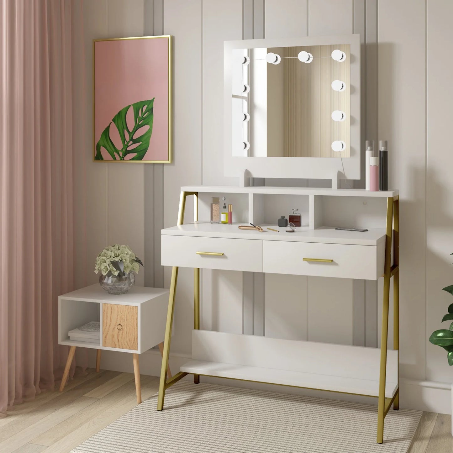 White Vanity Dressing Table with LED Makeup Mirror 2 Drawers for Bedroom