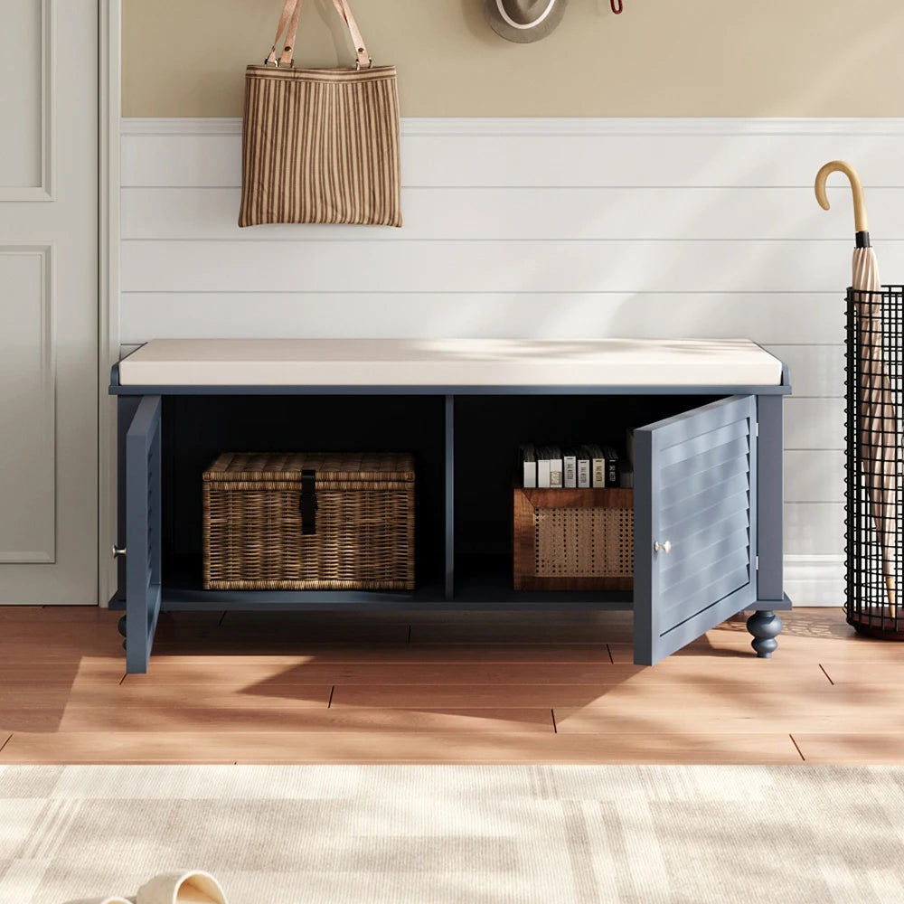Wooden Shutter Door Shoe Cabinet Storage Bench with Linen Cushion