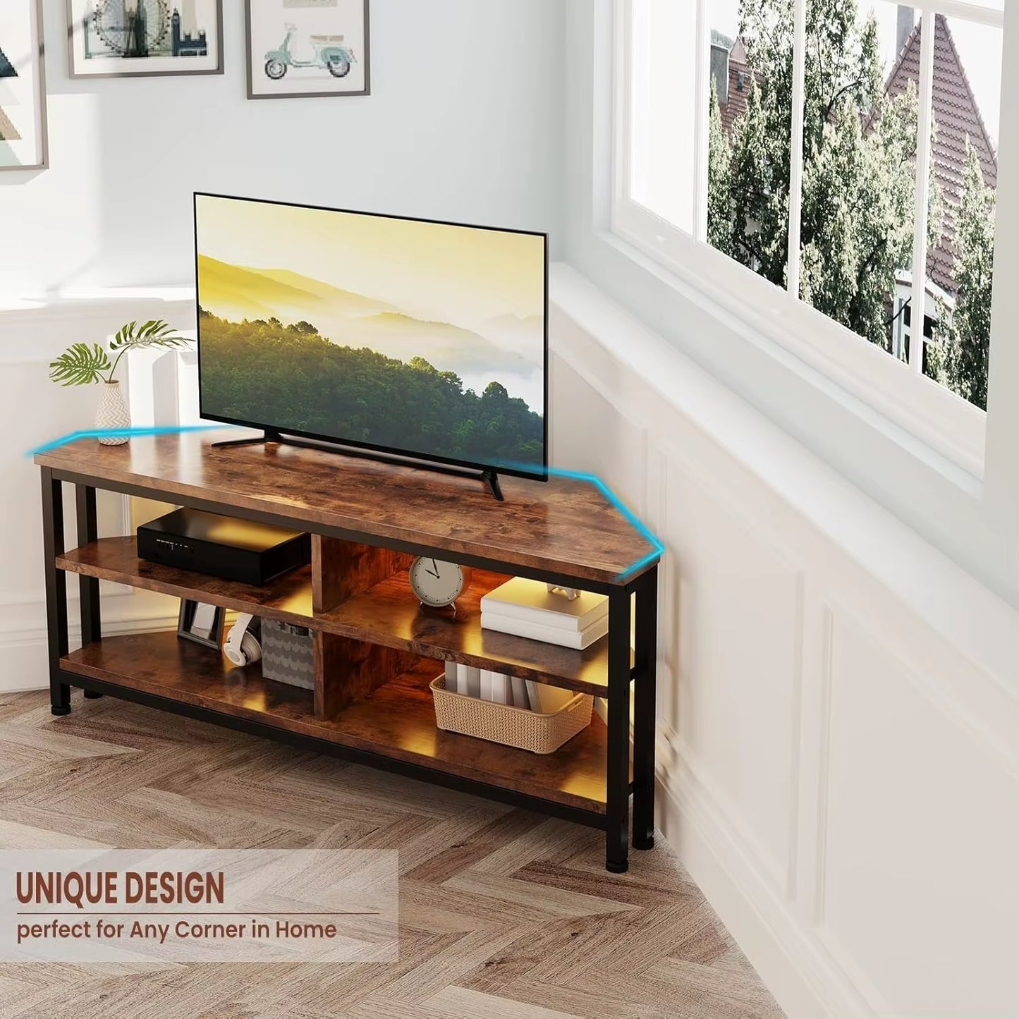 TV Stand Cabinet with LED Lighting, Corner Cabinet TV Unit for up to 50 Inch TV with Open Gaming Entertainment Center Shelves