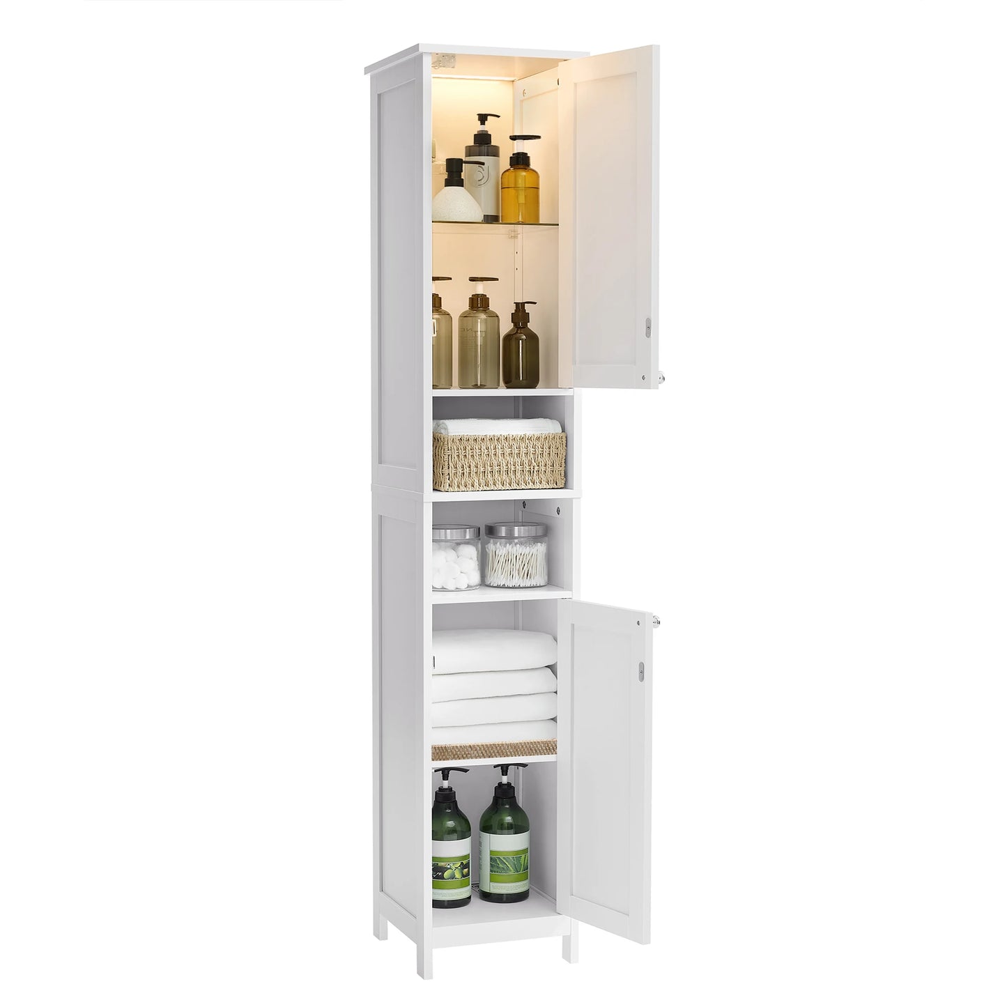 Tall Bathroom Cabinet with Lights, Freestanding Narrow Storage Unit with Adjustable Shelves, Open Compartments