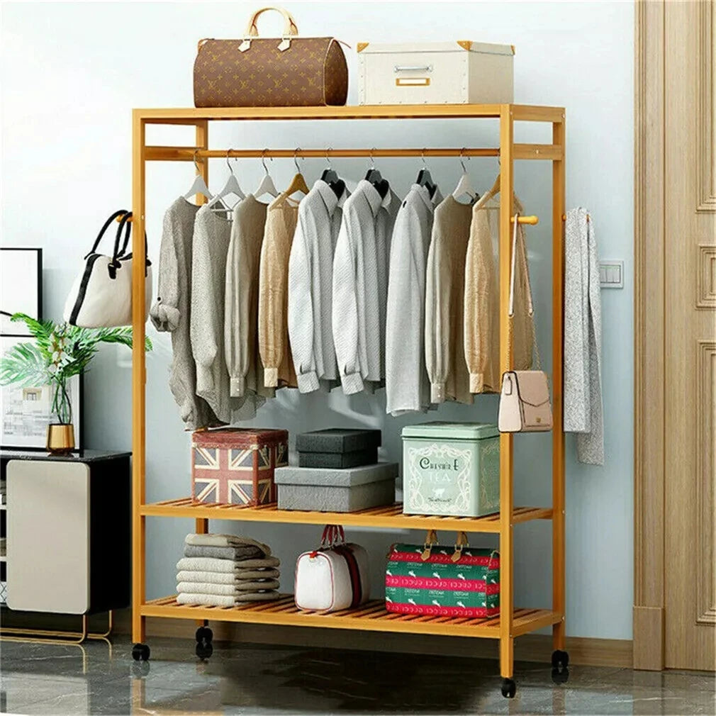 Bamboo Garment Rack with Wheels, Clothing Rack for Hanging Clothes with Hooks, Multi-Functional Bedroom Clothes Rack