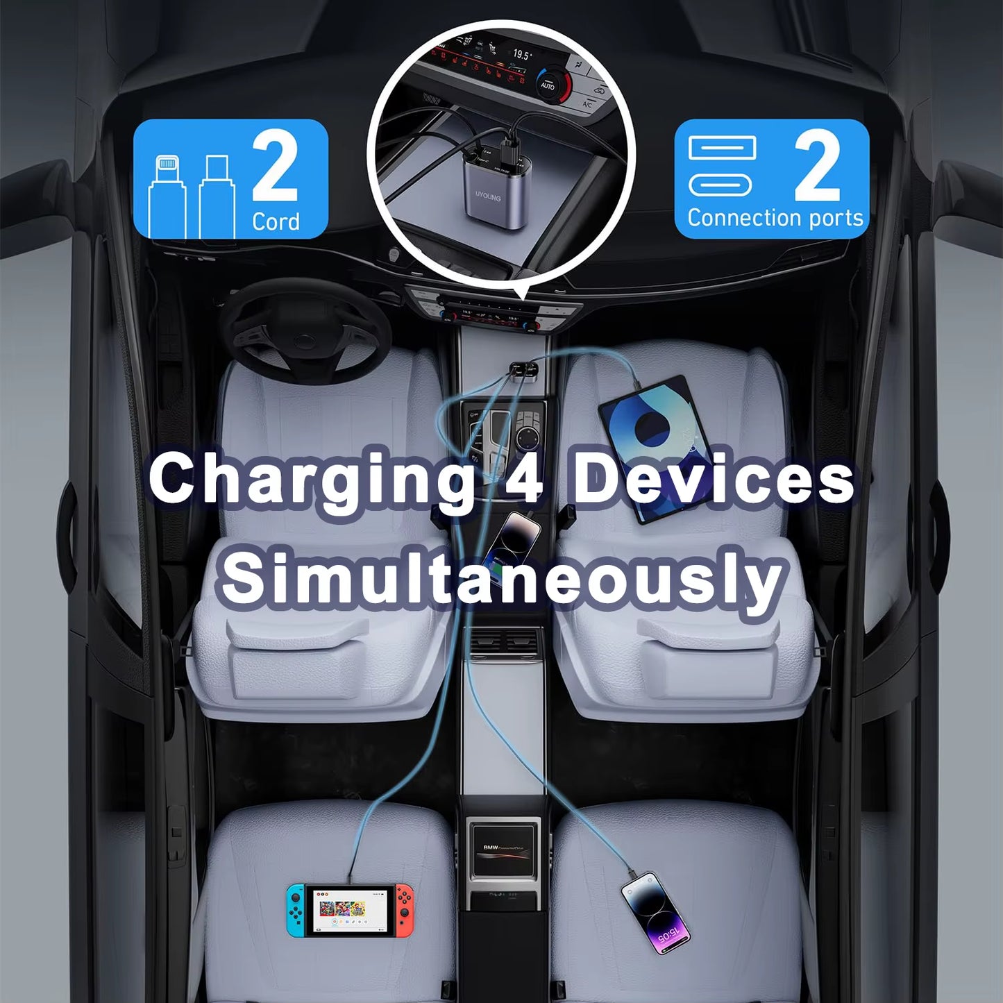 Ultimate 4-in-1 Retractable Car Charger with USB PD Type C Cable for Lightning-Fast iPhone Charging & QC Adapter