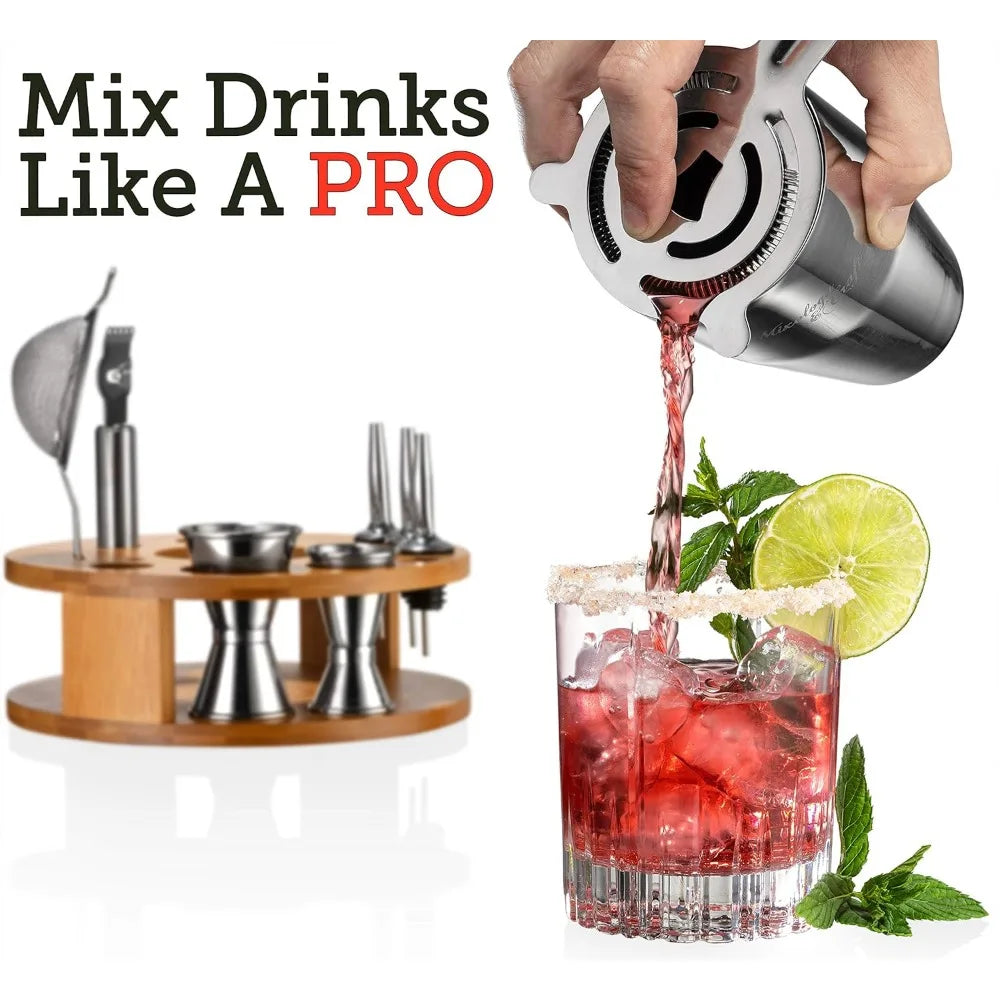 15 Piece Set Including Cocktail Shaker and Bar Accessories Perfect for Drink Mixing at Home plus Exclusive Recipe Cards