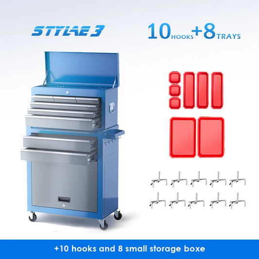 Large Tool Cabinet with 7 Boxes for Storing Tools | 4 Wheels |10 Hooks | 8 Drawers | Lockable Tool Chest | Tool Cabinets