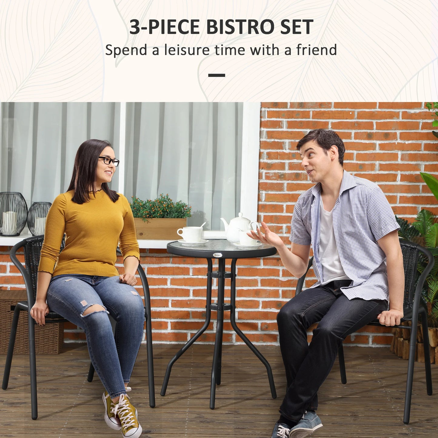 3-Piece Black Garden Furniture Set with 2 Stackable Chairs