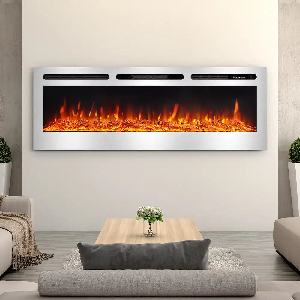 LED Electric Wall Mounted Fireplace Recessed Fire Heater 12 Flames with Remote, Silver 60Inch