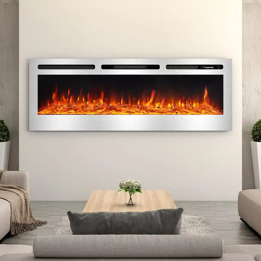 LED Electric Wall Mounted Fireplace Recessed Fire Heater 12 Flames with Remote, Silver 60Inch