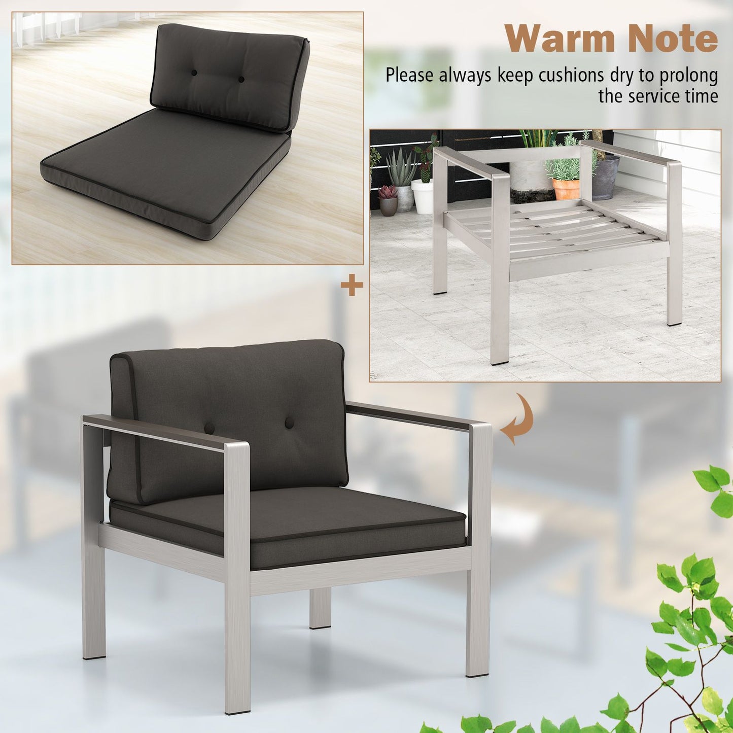 Patio Aluminum Armchair with Cushions Outdoor Sofa Chair