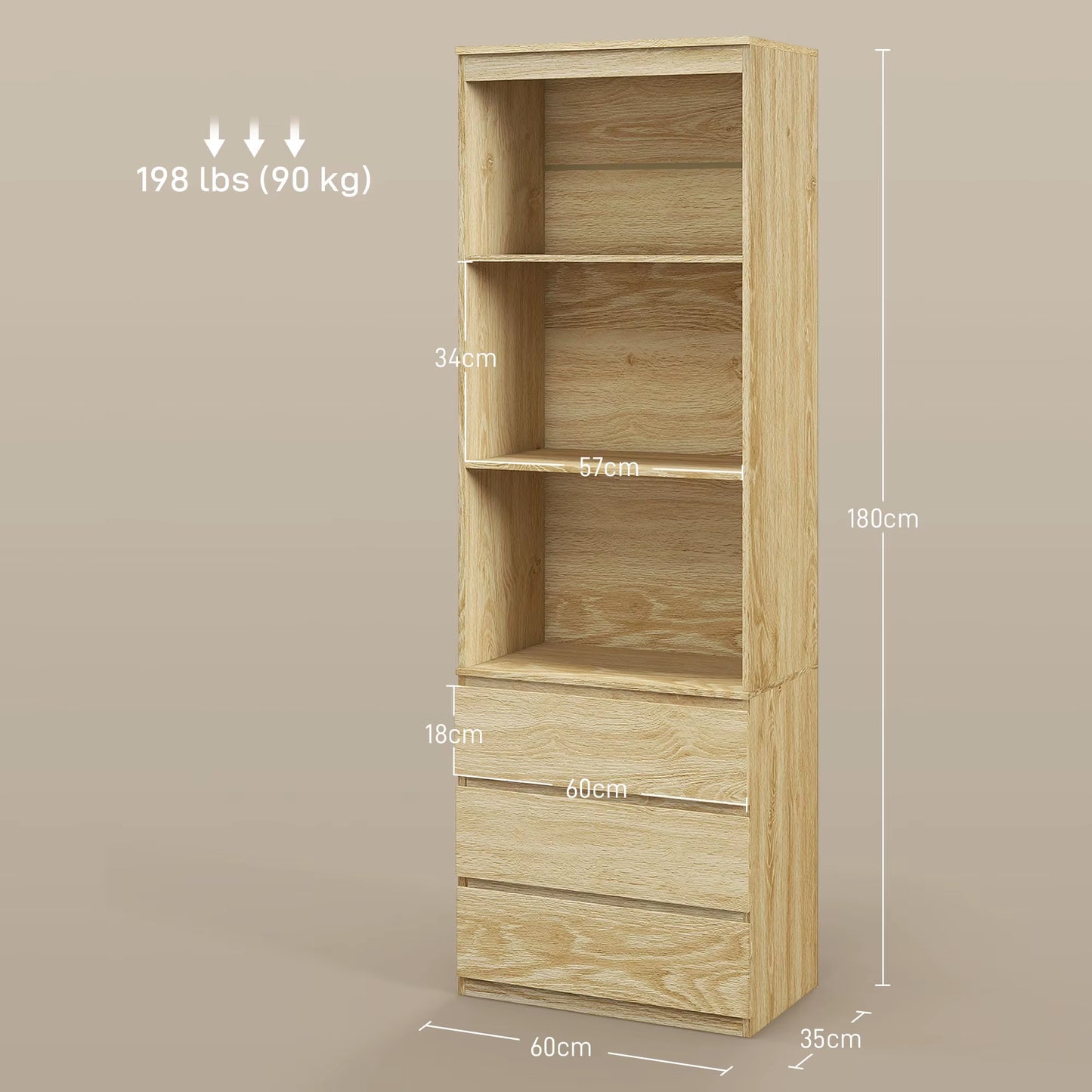180Cm Tall Bookshelf Free Standing Storage Shelf Unit with Storage Oak