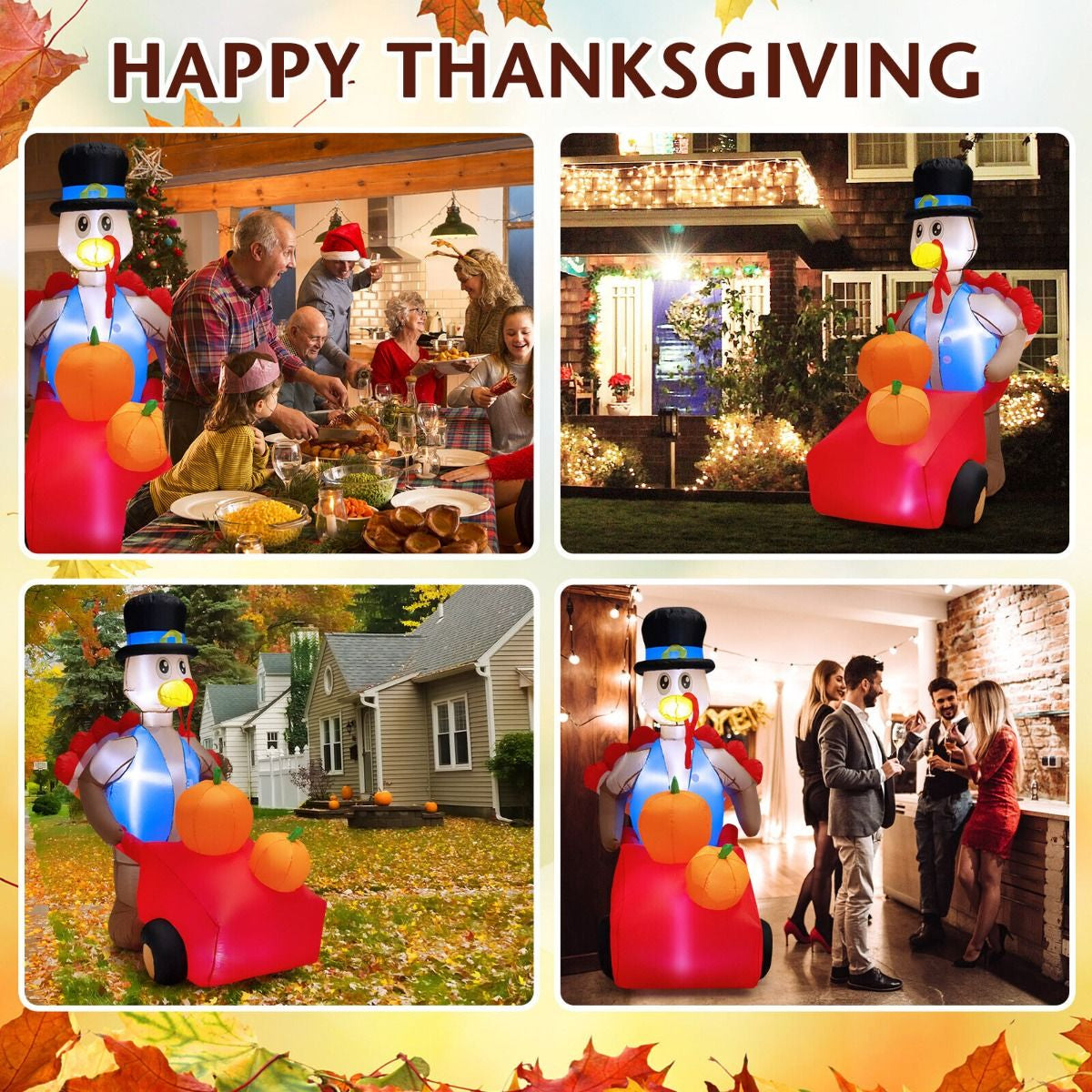 6 Feet Lighted Thanksgiving Inflatable Turkey Pushing Pumpkin Cart