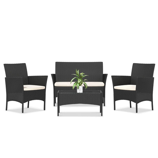4 Piece Rattan Garden Furniture Set with Cushions Patio Outdoor