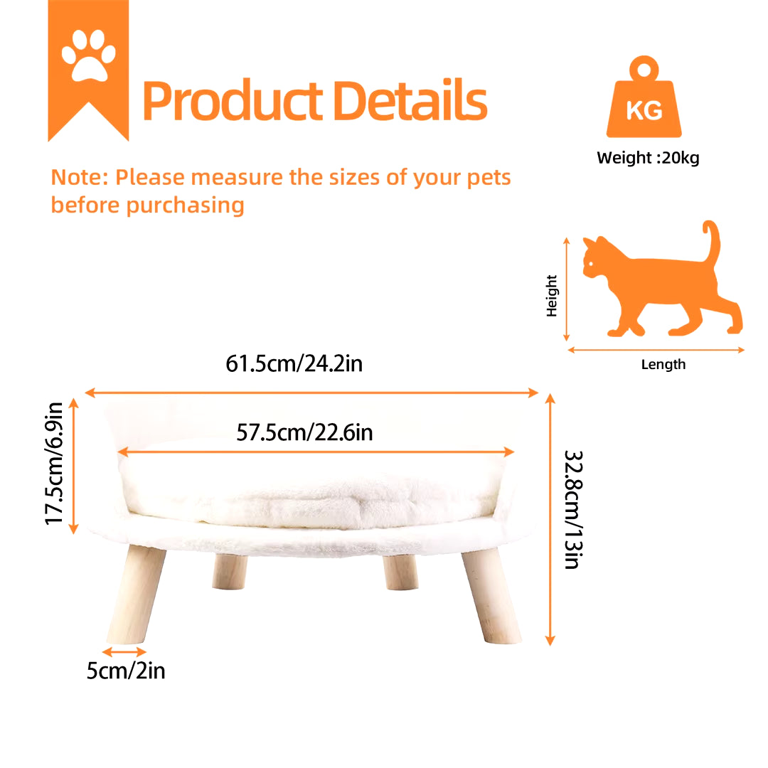 Luxurious Plush Cat Bed with Stylish Wooden Legs & Easy-Clean Waterproof Cushion for Small Pets