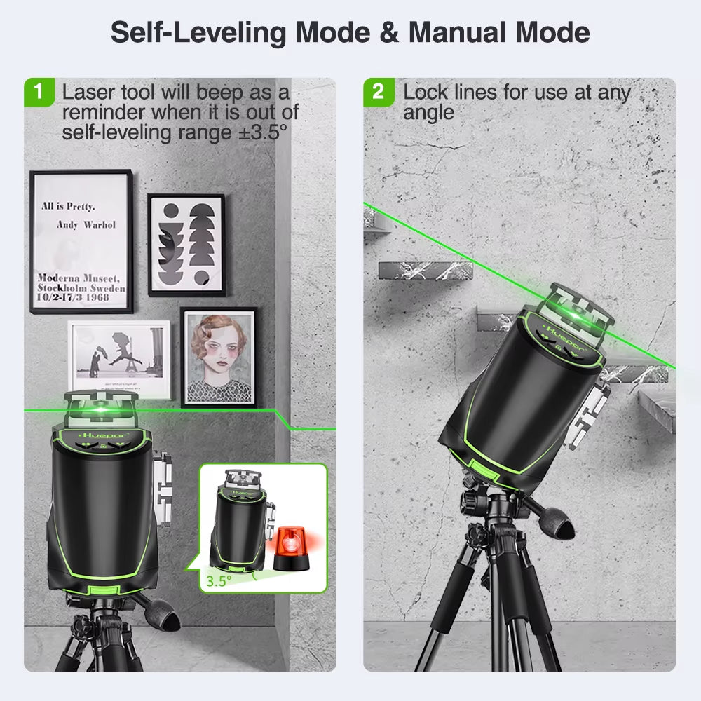 8 Lines Cross Laser Level Green Beam Self-Leveling Manual Level Tools with Metal Cover & USB Charger / Dry Li-Ion Battery