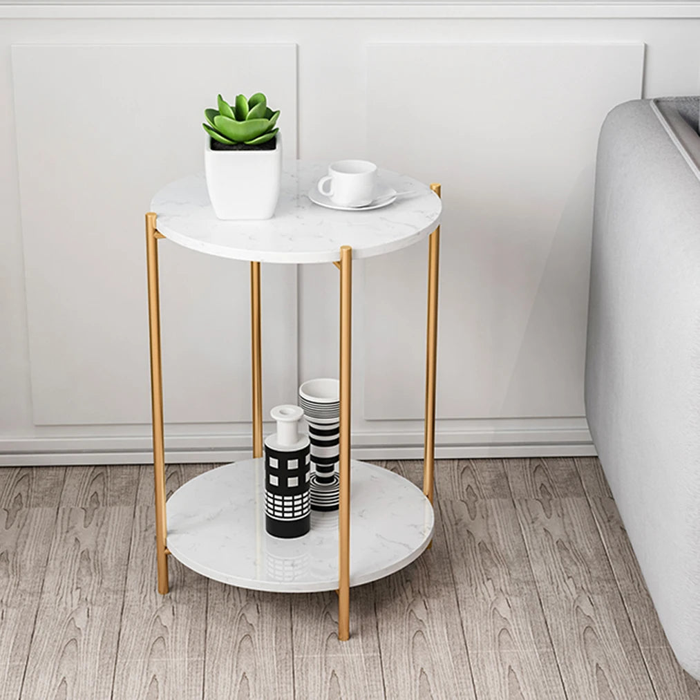 2 Tiers Solid Marble Sofa Side End Coffee Table Living Room Bedroom round Nesting Table Nightstand Metal Frame