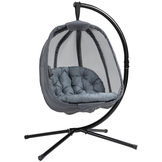 Folding Hanging Egg Chair W/ Cushion and Stand for Indoor Outdoor Grey