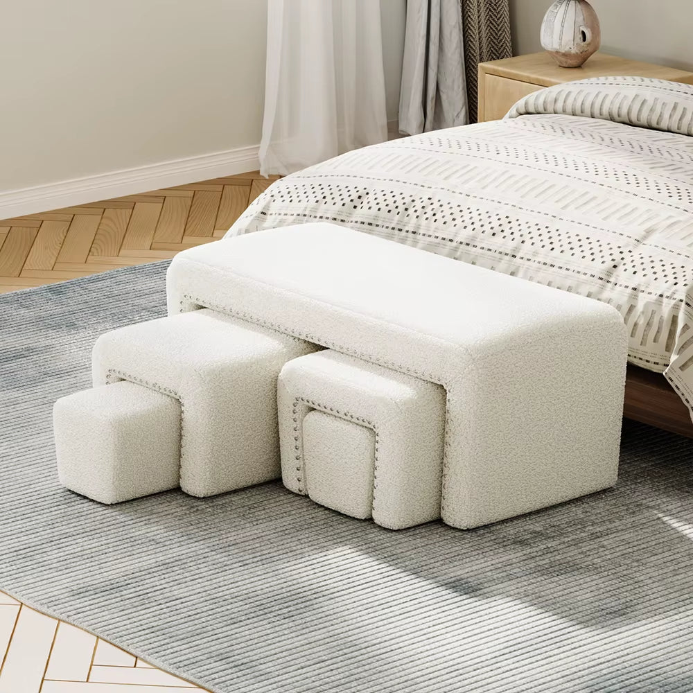 White Upholstered Teddy Fleece Ottoman Bench Set for Bedroom Living Room and Makeup Room