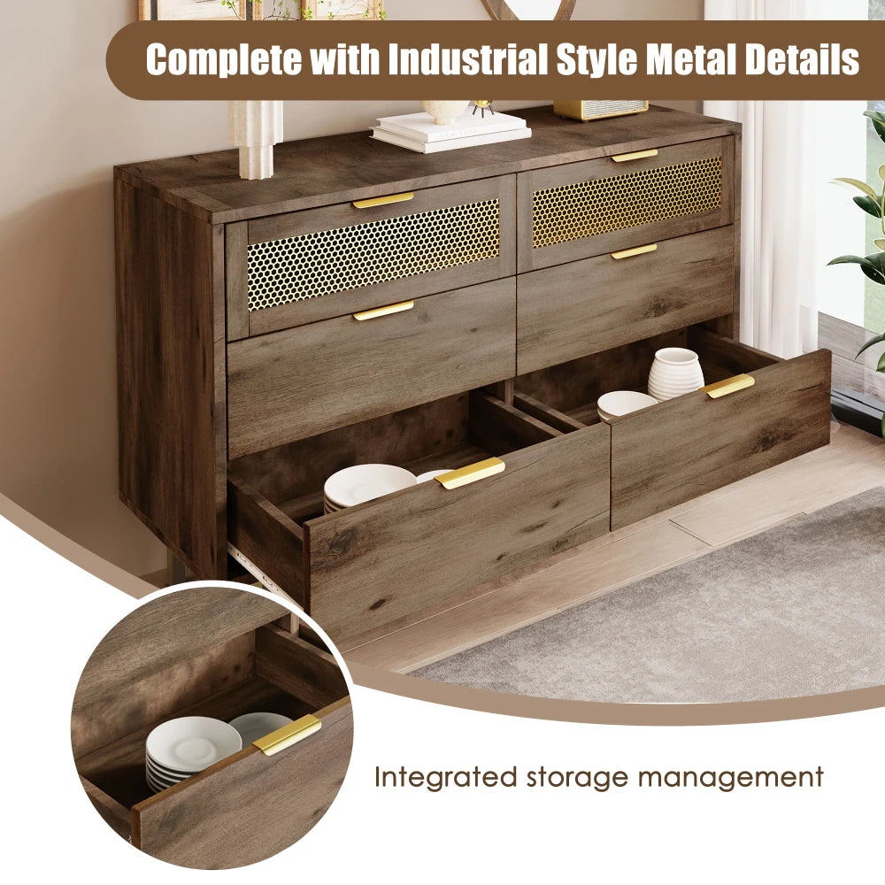 Sideboard, Cabinet Dresser Metal Handle Dresser Multi-Purpose Cabinet for Hallway, Bedroom and Living Room (With 6 Drawers)
