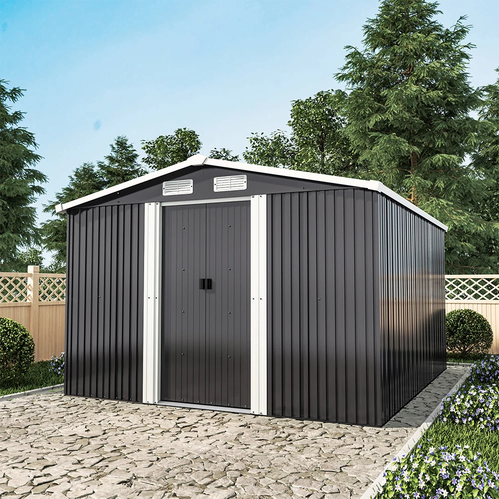 【】10 X 8 FT Black Outdoor Storage Shed, Metal Large Shed Garden with Air Vent, 2 Slide Door