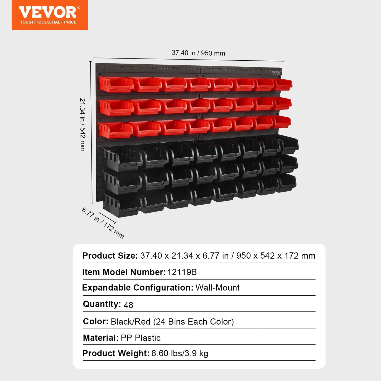 Wall Mounted Storage Bins 30/48-Bin Parts Rack Organizer Garage with Wall Panels Hooks Plastic Shop Tool for Screw Nails