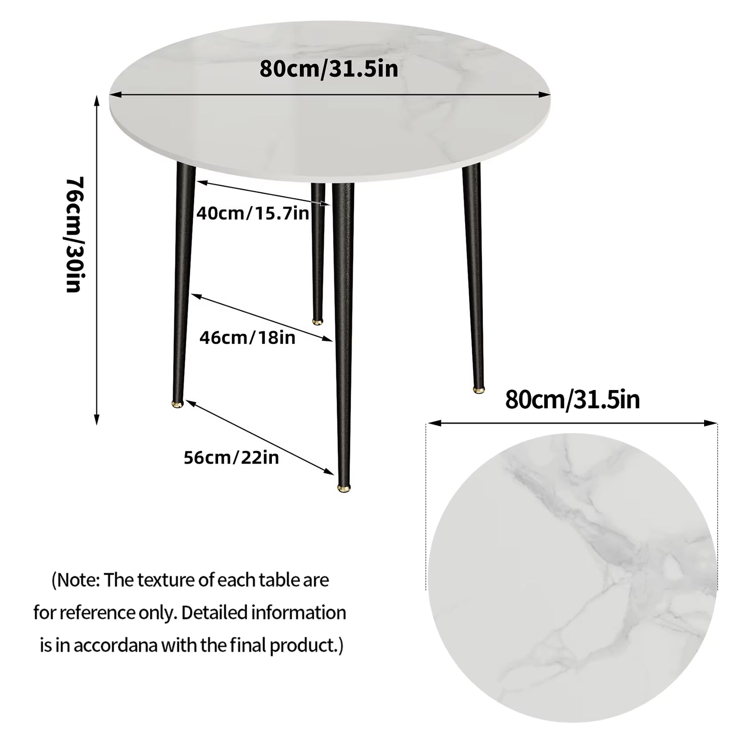 Stylish 80cm Round Marble Top Dining Table - Perfect for Living Room, Restaurant, or Kitchen Seating for 4