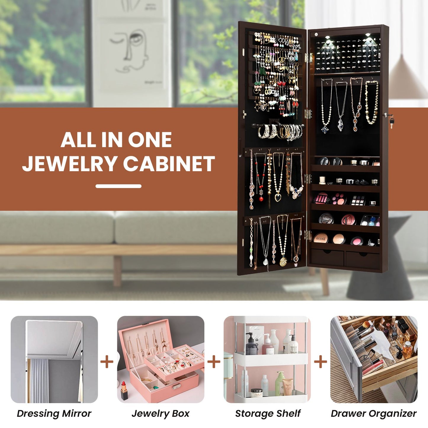 Lockable Jewelry Cabinet with Full Length Mirror and LED Lights