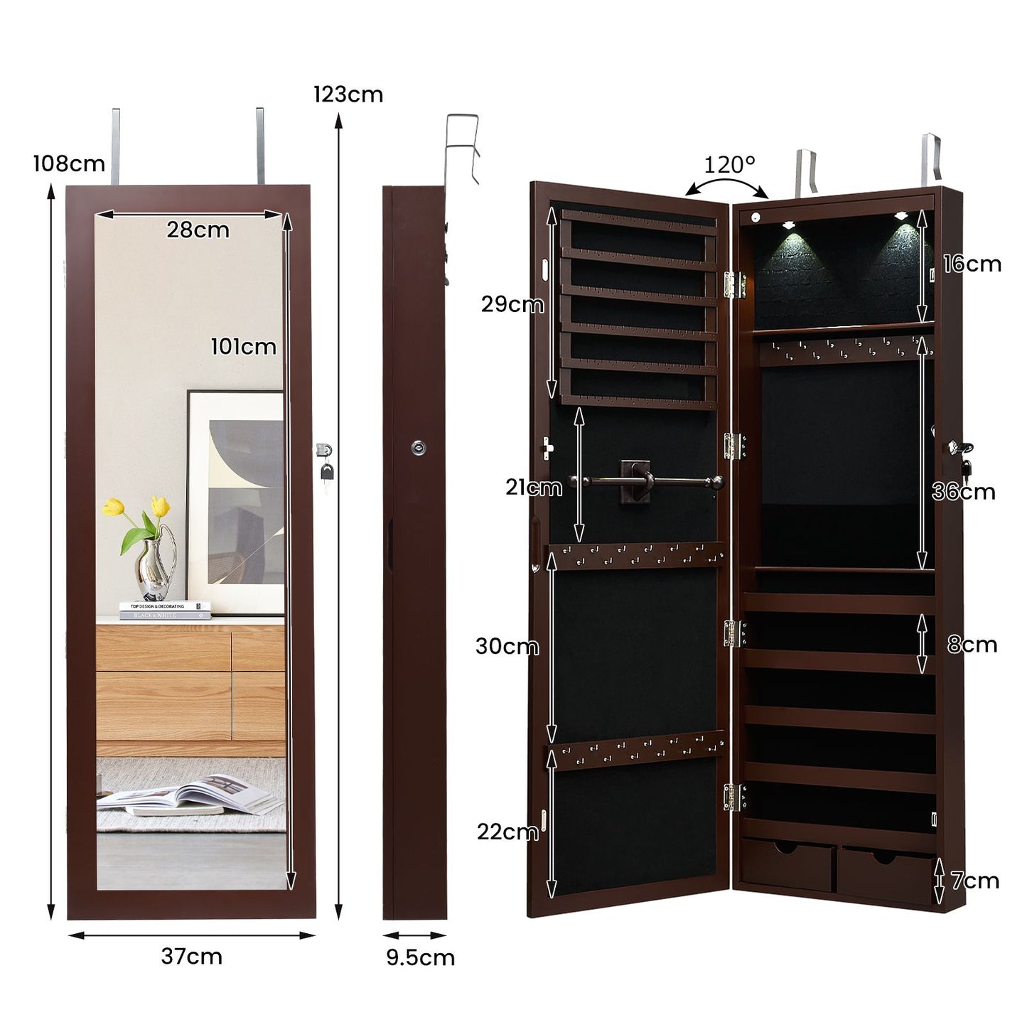 Lockable Jewelry Cabinet with Full Length Mirror and LED Lights