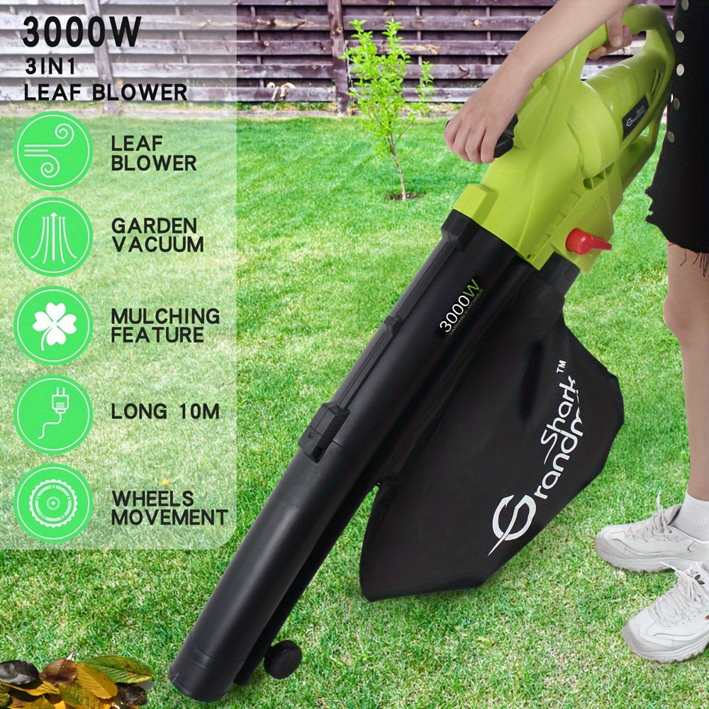 3000 W 3 in 1 Leaf Blower, Garden Leaves Vacuum Cleaner with Collection Bag (Green)