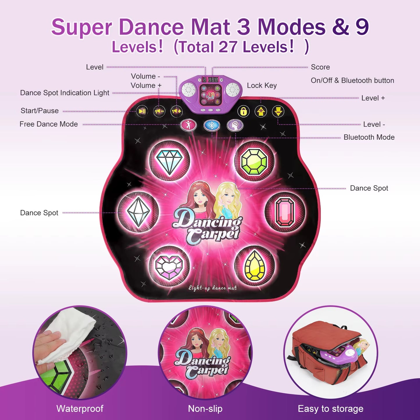 27 Levels Dance Mat for Girls Kids 6 LED Keys Light up Bluetooth Lock 5 Music Dancing Game Toy Ages 3~8 Years Old