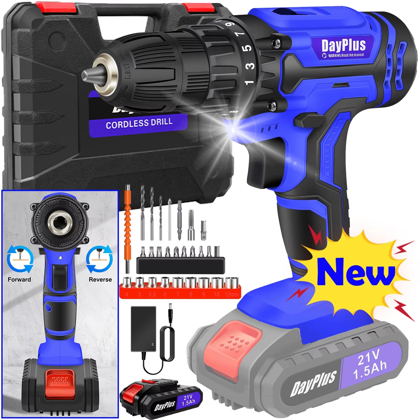 Powerful 21V Cordless Drill Driver - 1400RPM, 45Nm Torque, 2 Speed Settings, 25+1 Torque Levels, Includes 1500mAh Battery & Accessories