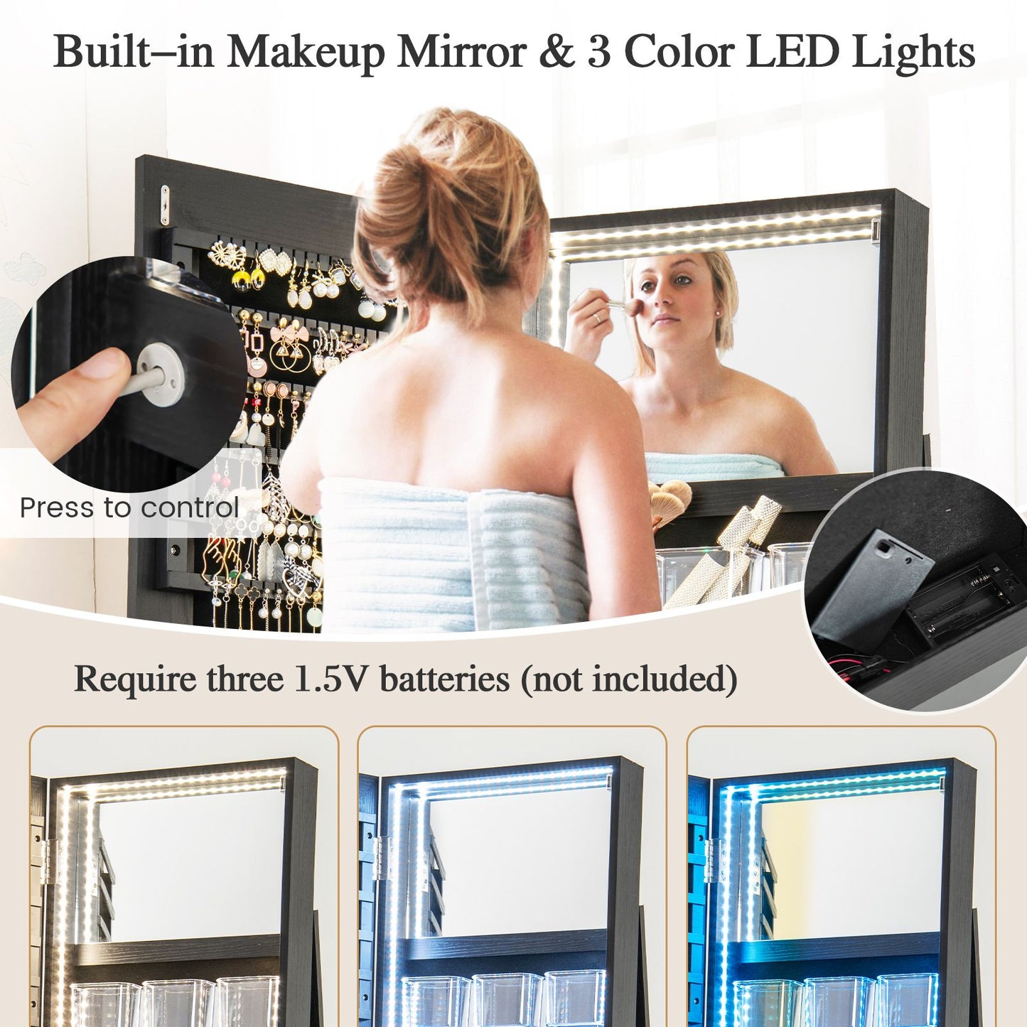 360-Degree Mirrored Jewelry Armoire with 3-Color Auto-On LED Lights