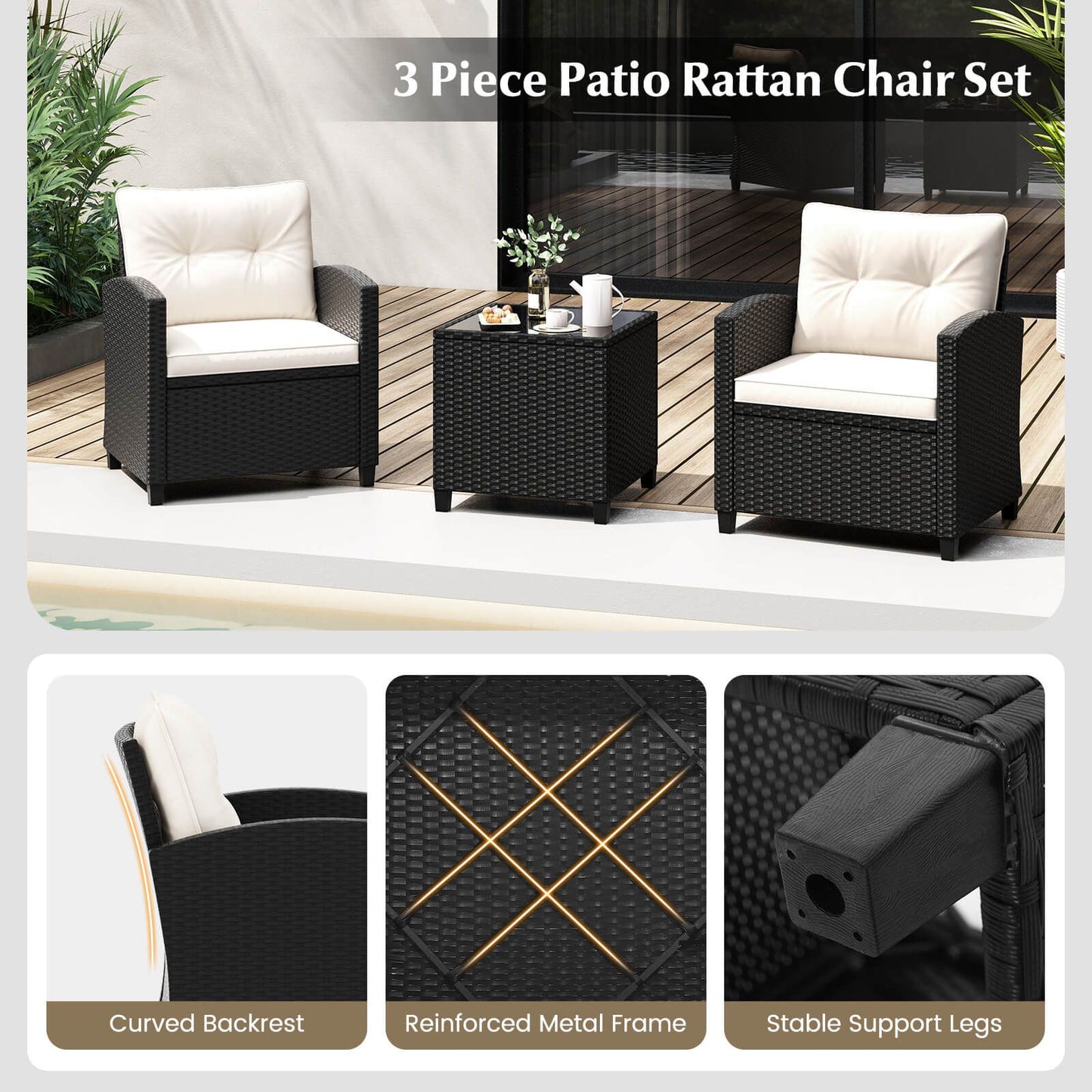 Stylish 3-Piece Rattan Patio Furniture Set with Comfortable Cushions for Ultimate Relaxation