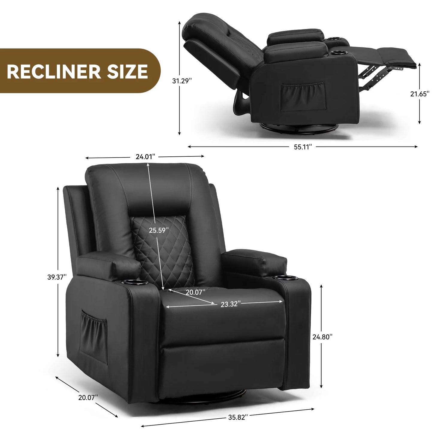 Recliner Armchair Rocker Reclining Chair with Massage & Heat Padded Seat Extended Footrest Oversized Swivel Lounge Sofa