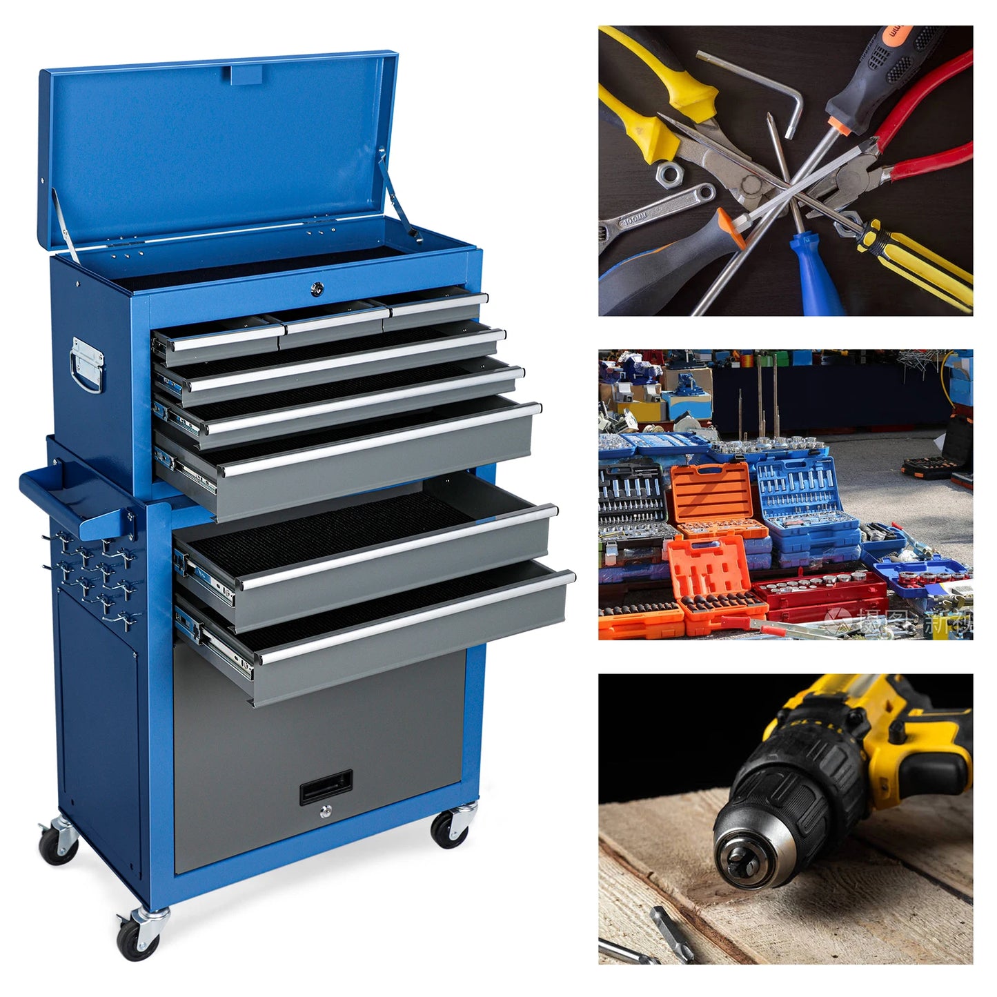 Large Tool Cabinet with 7 Boxes for Storing Tools | 4 Wheels |10 Hooks | 8 Drawers | Lockable Tool Chest | Tool Cabinets