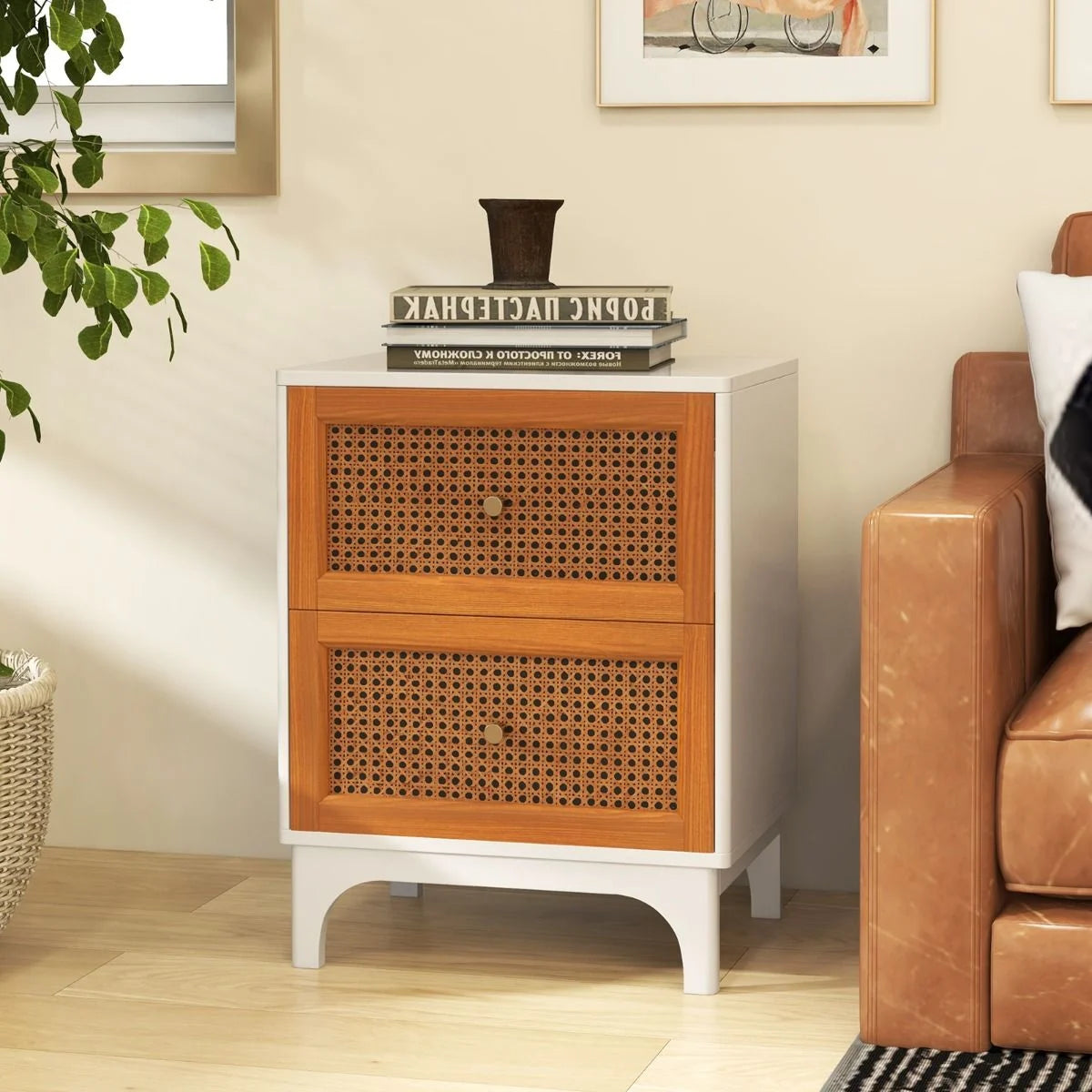 Boho Accent Table with 2 Handwoven Rattan Decorated Drawers