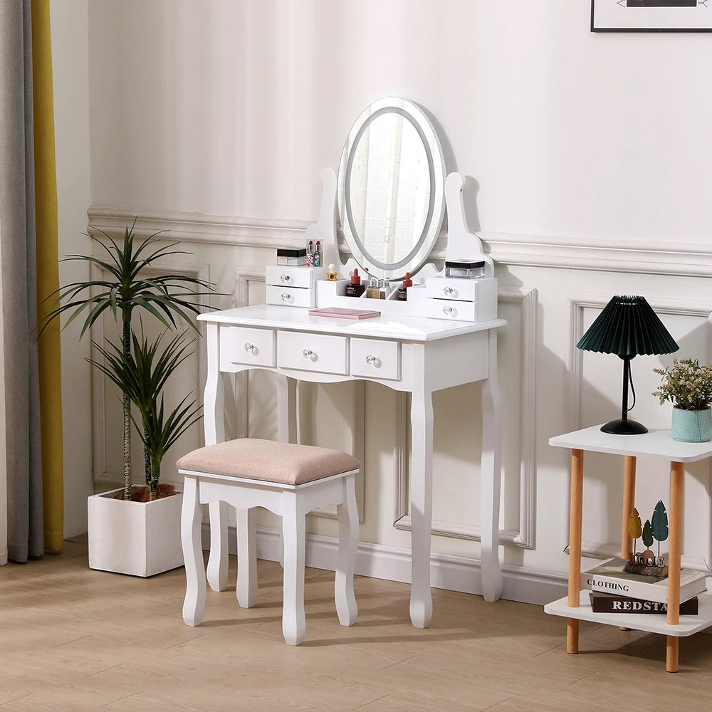 Modern Vanity Makeup Table and Cushioned Stool Set with 7 Drawers