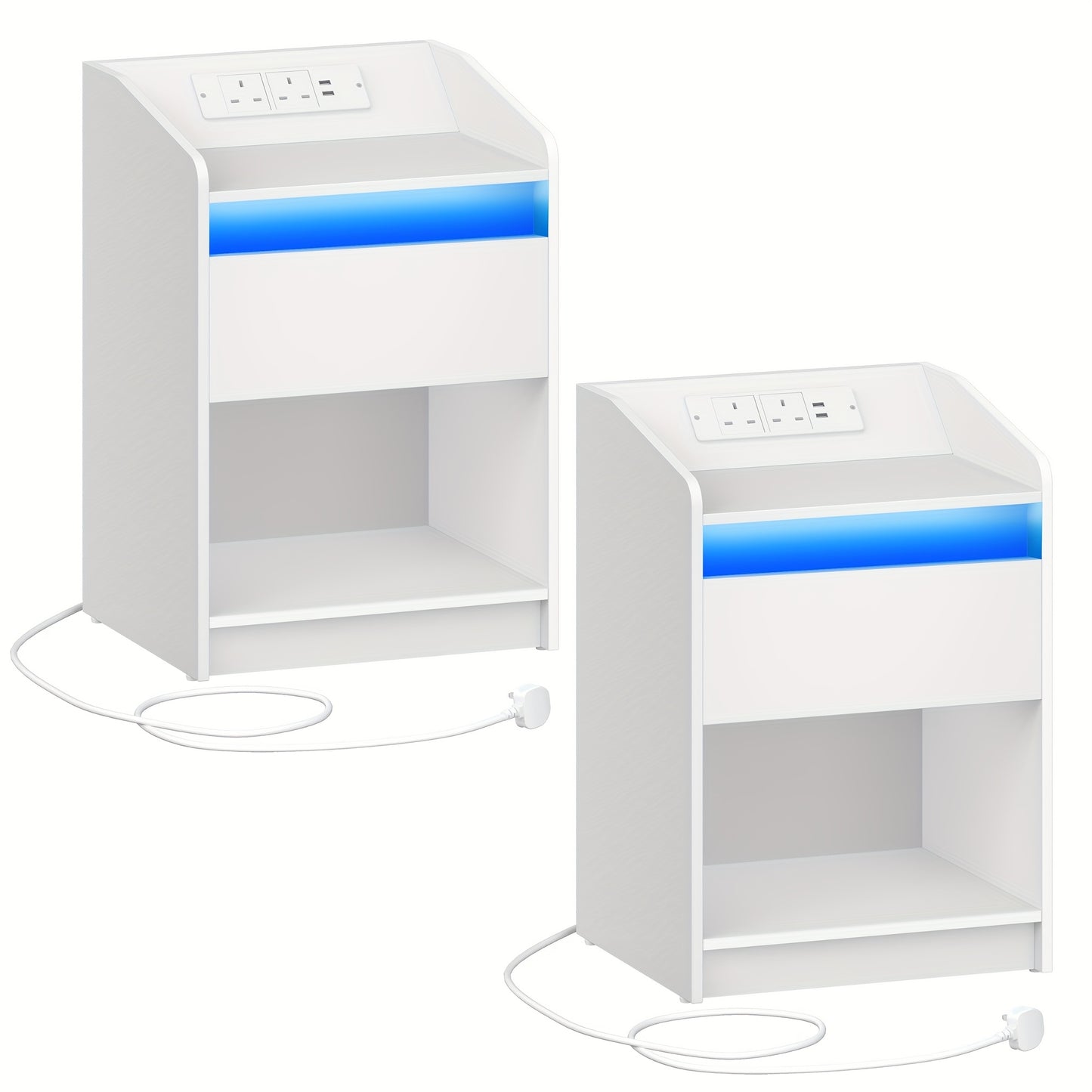 Bedside Table with LED Light - Side Table with Charging Station, 1 Storage Drawer Bedside Table