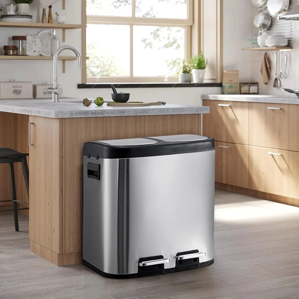 30L Stainless Steel Step Open Trash Can with Dual Pedals Large Capacity