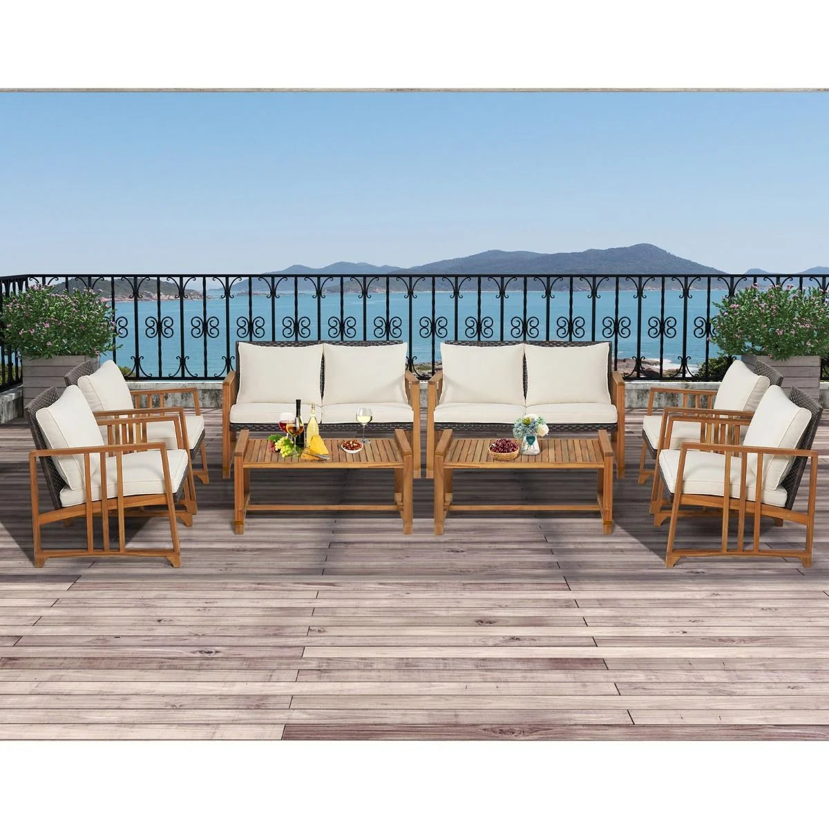Outdoor Mix Brown Rattan Set with Acacia Wood Frame and Back Cushions