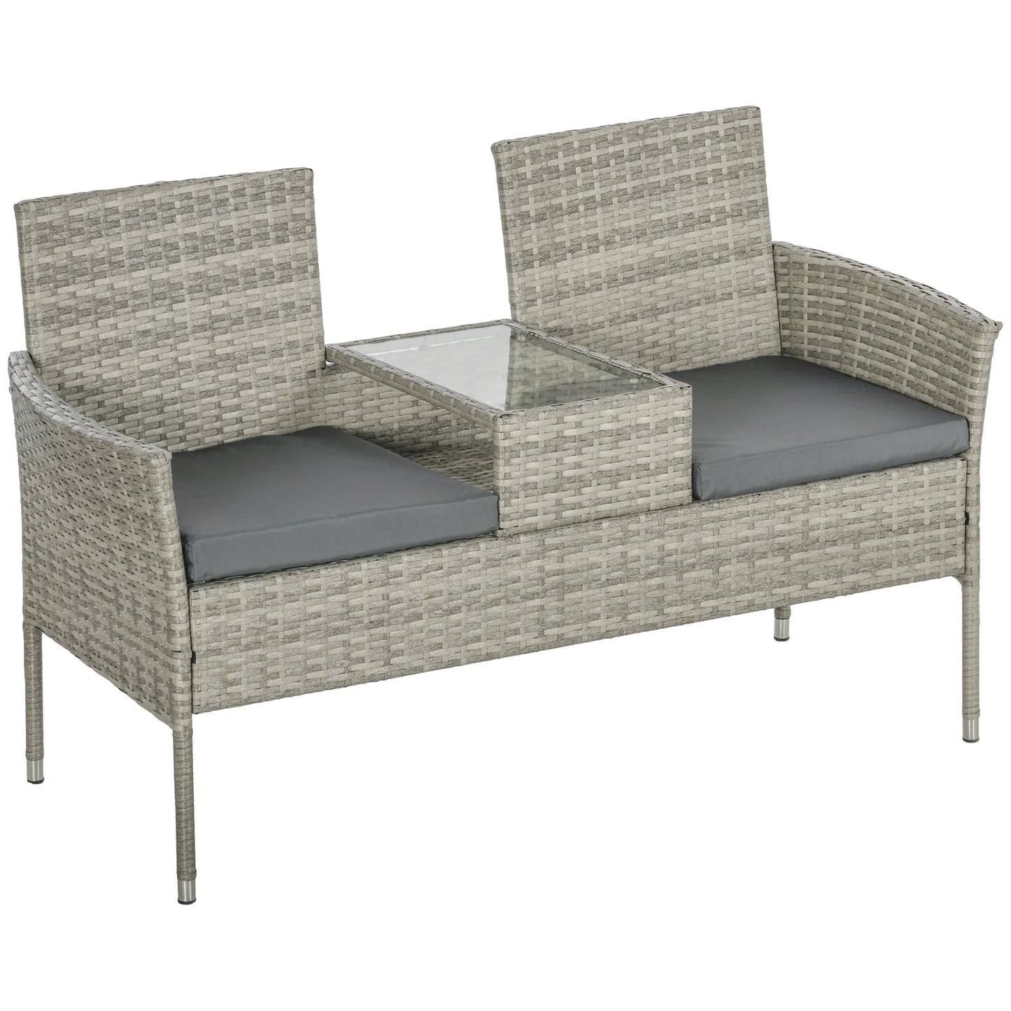 2-Seater Rattan Garden Bench with Glass Tea Table in Mixed Grey