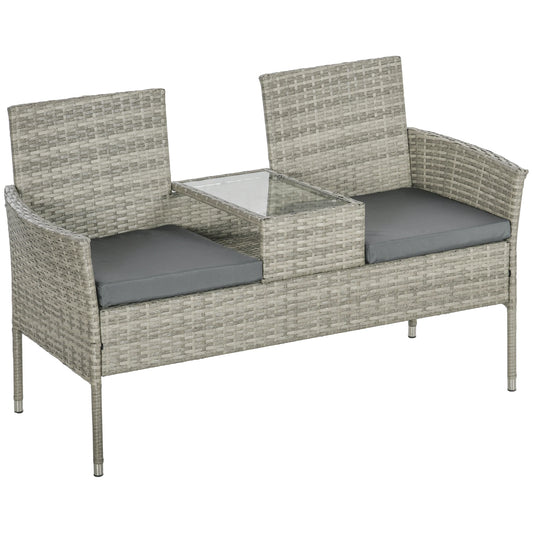 2-Seater Rattan Garden Bench with Glass Tea Table in Mixed Grey