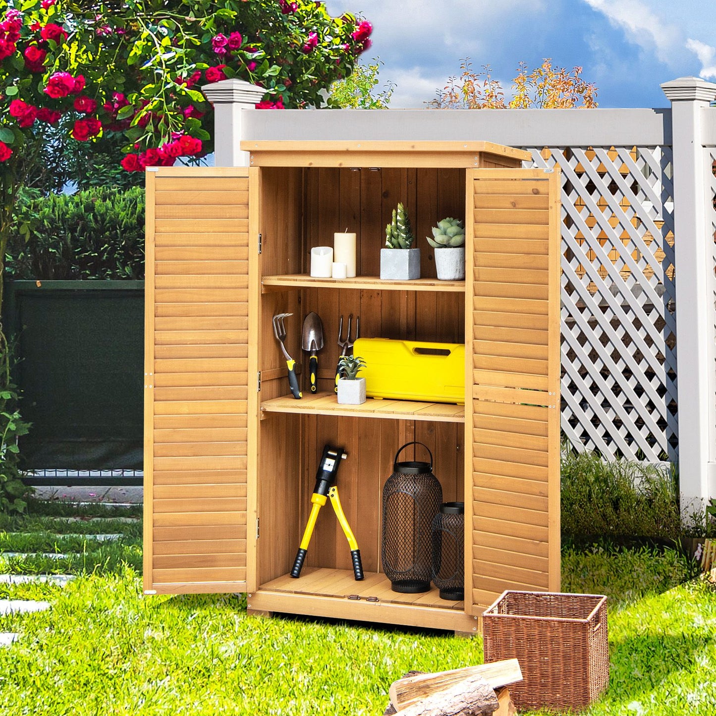 Outdoor Wooden Storage Shed with 3 Removable Shelves for Garden Deck