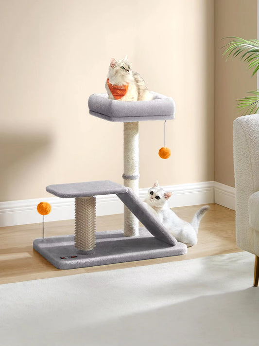 Multifunctional Cat Scratching Post with Integrated Bed, Rotatable Scratching Ramp, Perch, and Self-Groomer