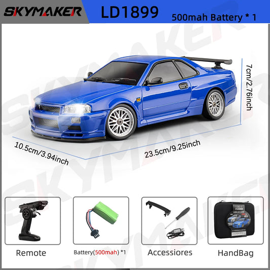 LD1899 1/18 Scale GTR R34 RC Drifting Car - High-Speed Alloy Body with Gyroscope & 2.4GHz RWD Remote Control Racing Vehicle
